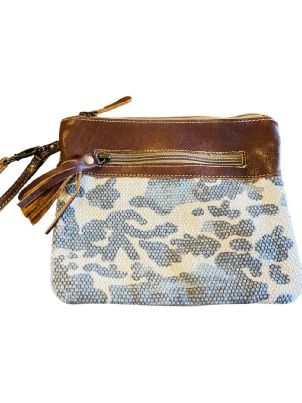 MYRA Brown Cream Blue Camo Cow Print Leather Canvas Wristlet